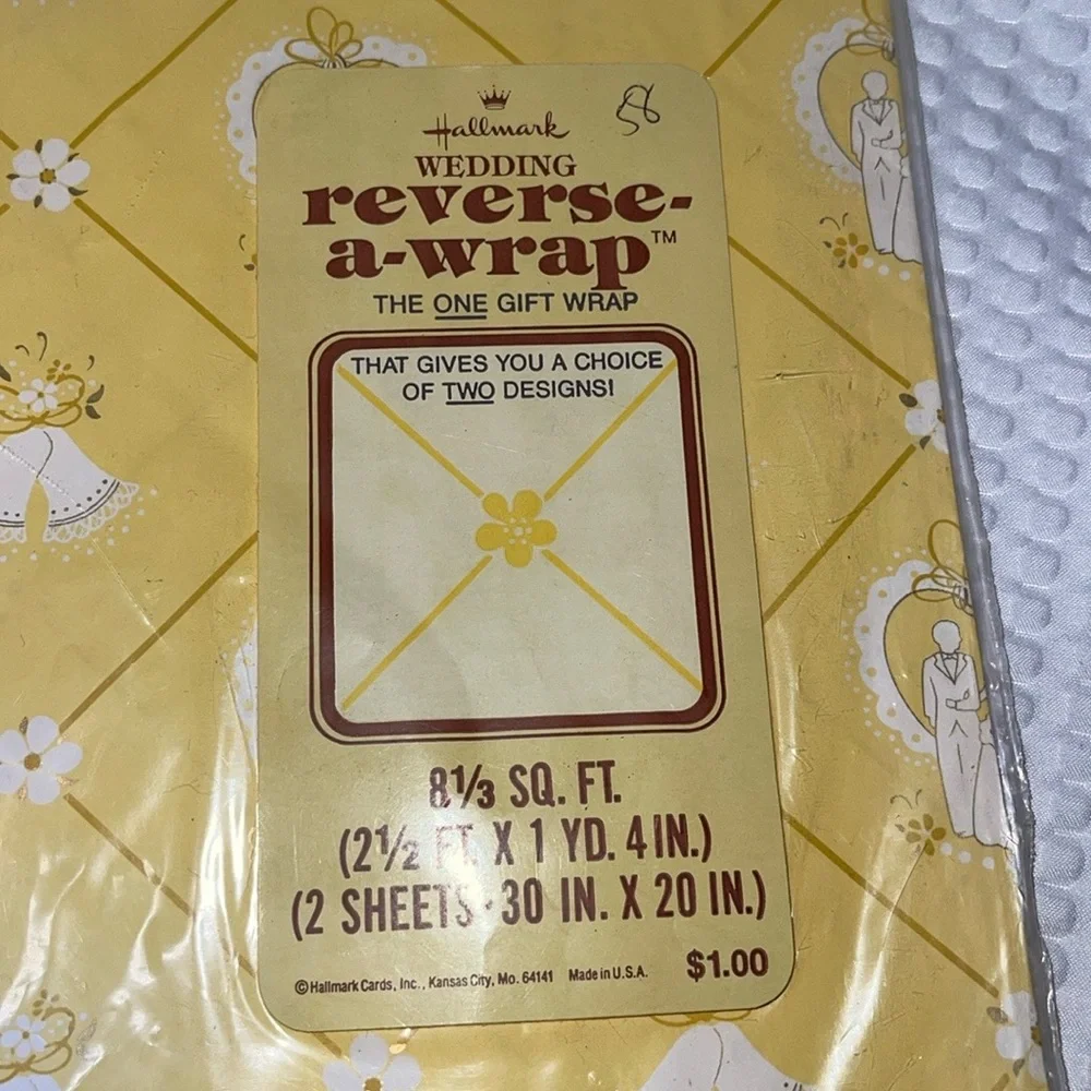 VINTAGE HALLMARK wedding BRIDAL SHOWER GIFT WRAP NOS 2 SHEETS 8.33 SQ FT YELLOW.
